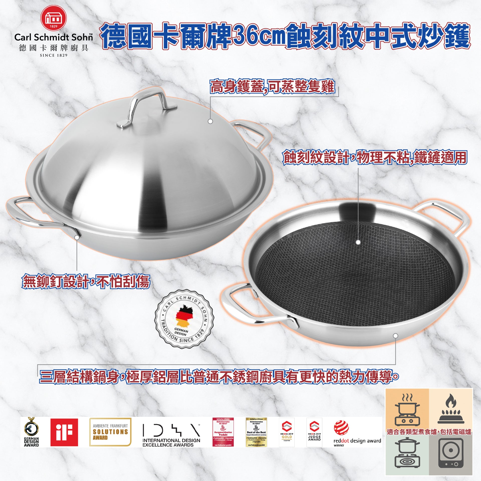 德國卡爾牌36cm蝕刻紋中式炒鑊