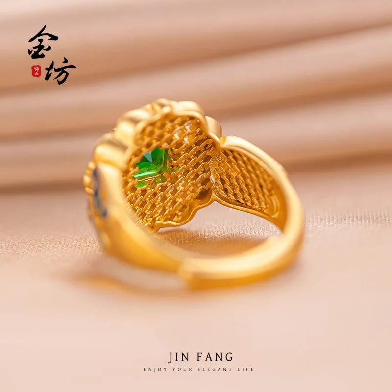 Gold shop 24K real gold spring garden ring AU999 pure gold inlaid with enamel