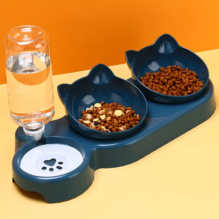 Pet Bowls 3 In 1 Cat Ear Design Tilted Cat Water And Food Bowl Set