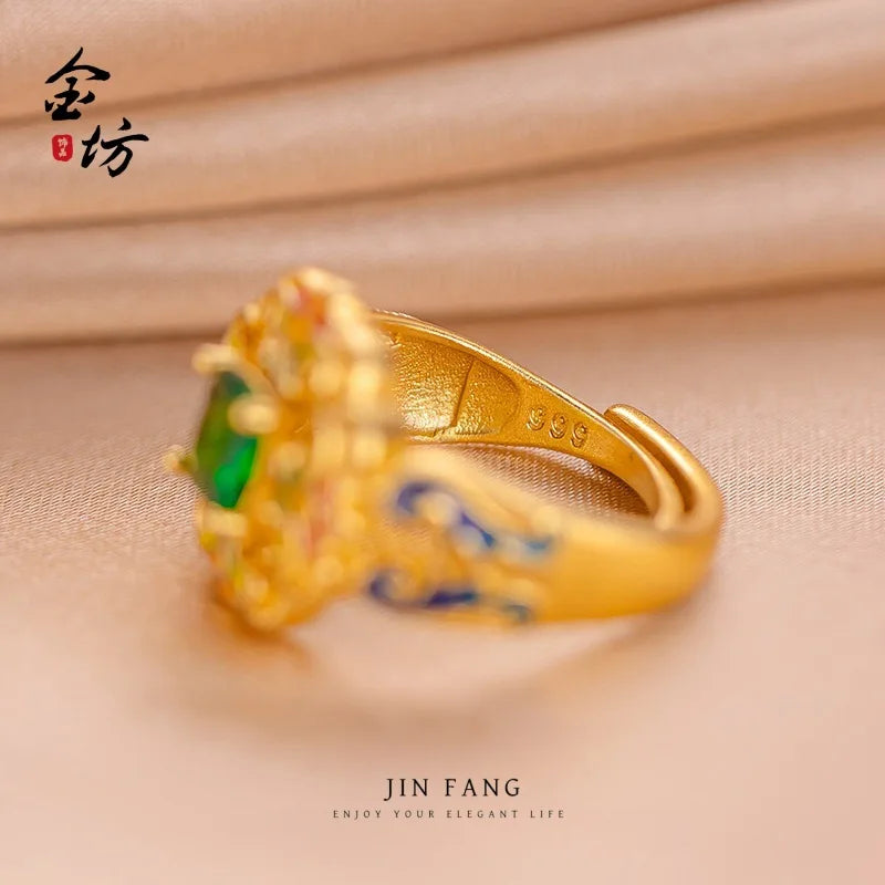 Gold shop 24K real gold spring garden ring AU999 pure gold inlaid with enamel