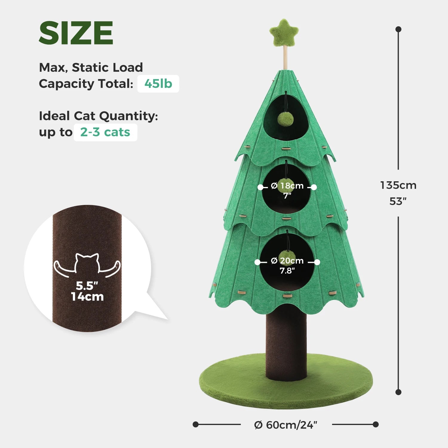 Christmas-themed cat tree with festive elements, including holiday felt stickers.