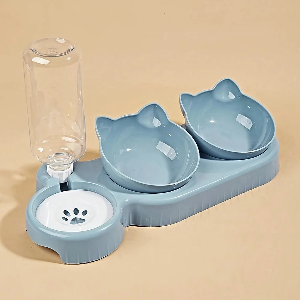 Pet Bowls 3 In 1 Cat Ear Design Tilted Cat Water And Food Bowl Set