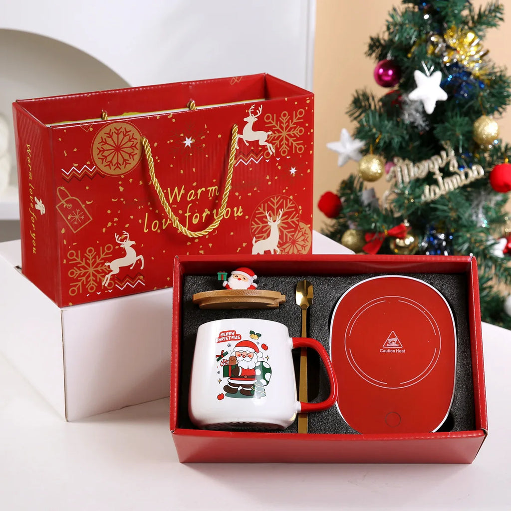 55℃ Merry Christmas Kit Wooden Lid Santa Claus Pattern Ceramic Mug
