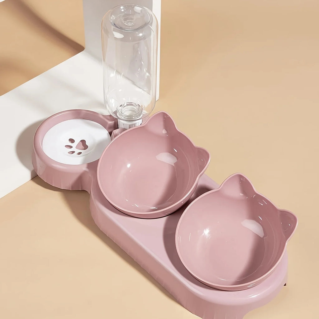 Pet Bowls 3 In 1 Cat Ear Design Tilted Cat Water And Food Bowl Set