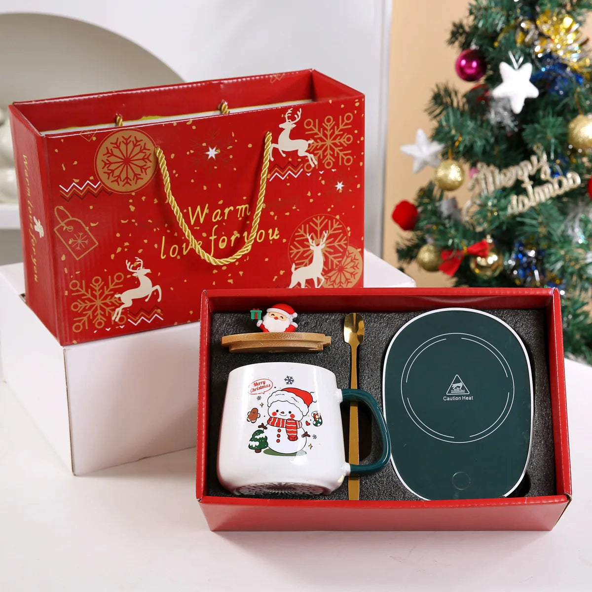 55℃ Merry Christmas Kit Wooden Lid Santa Claus Pattern Ceramic Mug