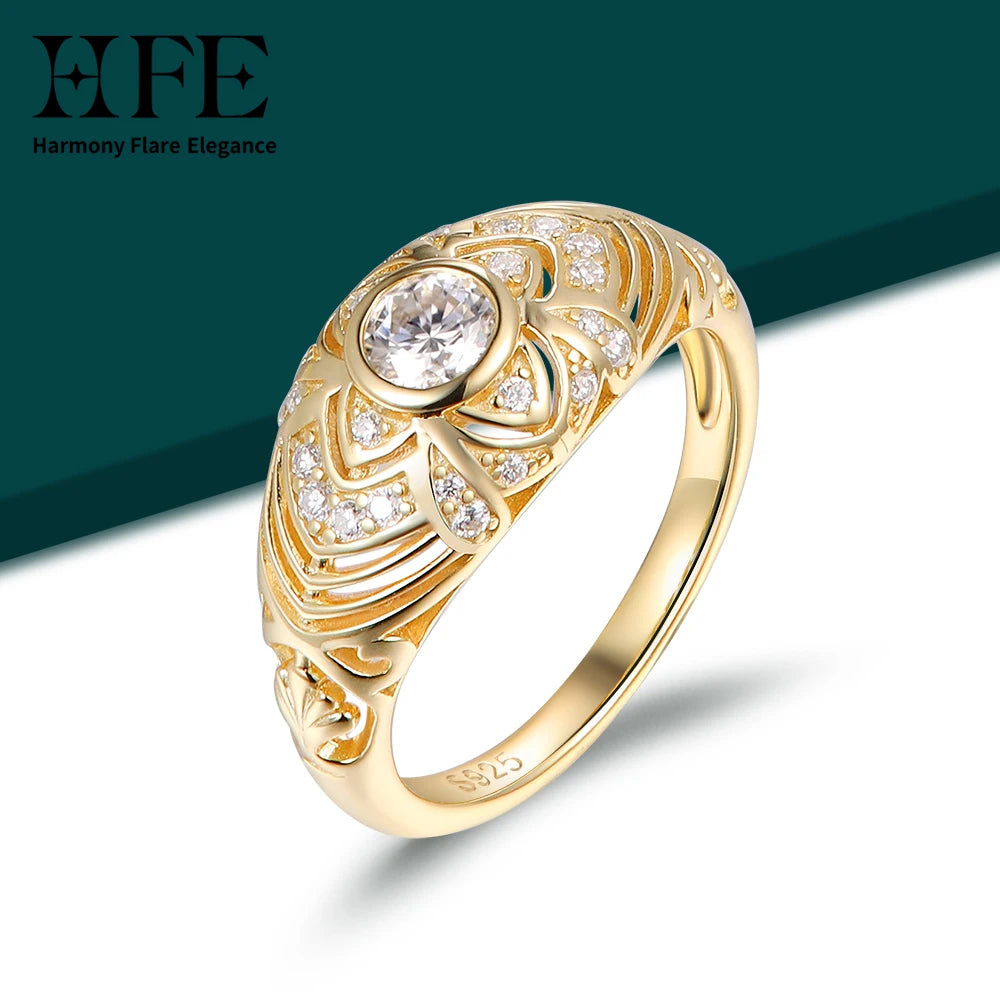 Hand Carved Floral Wide Ring, 925 Sterling Silver with Moissanite, Bohemian Style