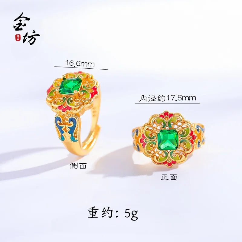 Gold shop 24K real gold spring garden ring AU999 pure gold inlaid with enamel