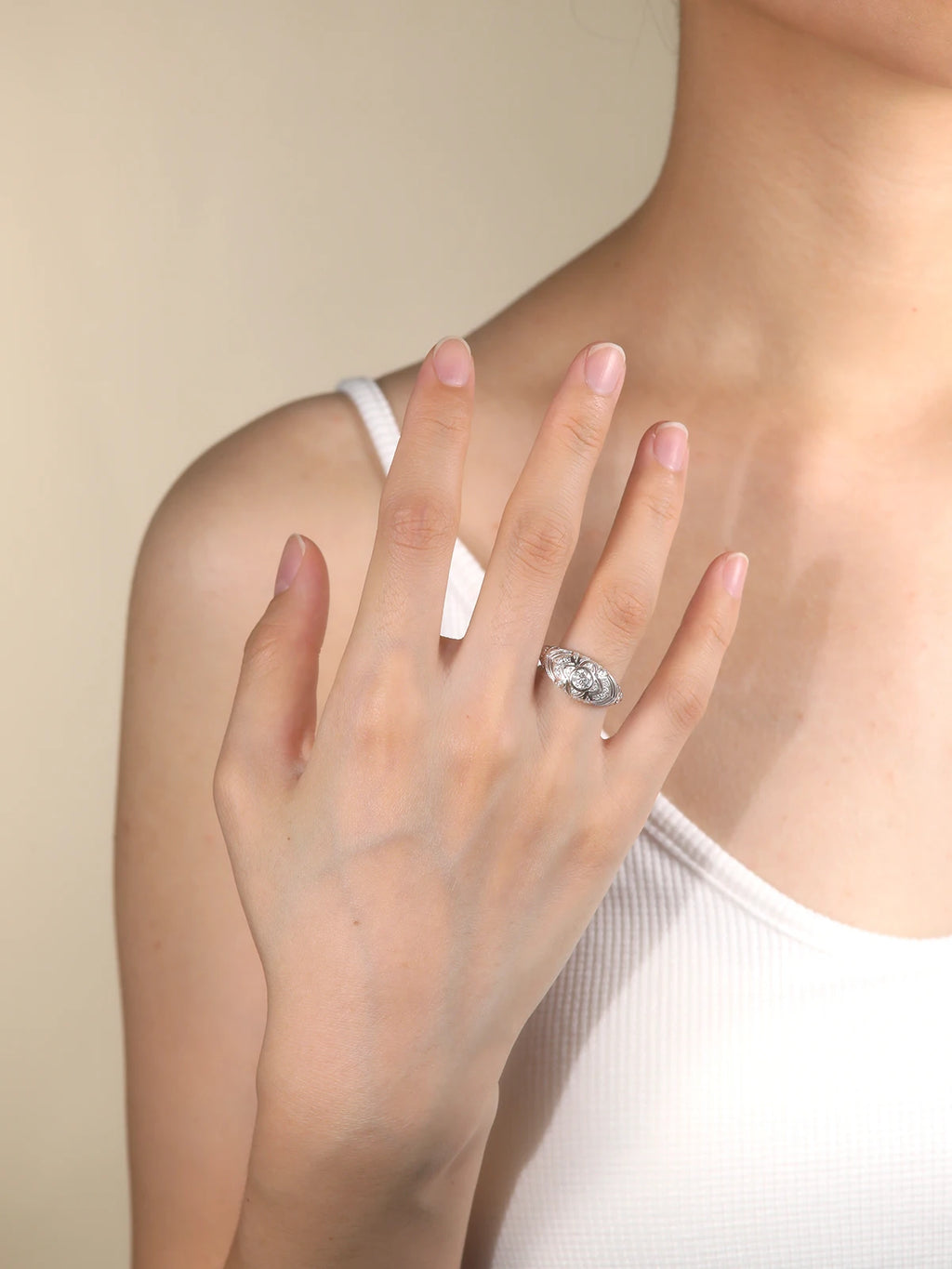 Hand Carved Floral Wide Ring, 925 Sterling Silver with Moissanite, Bohemian Style