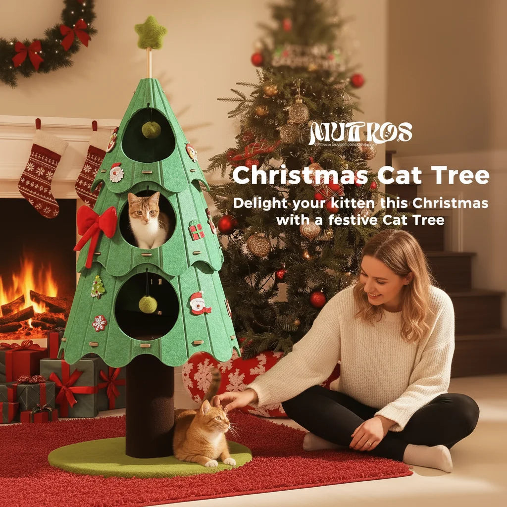Christmas-themed cat tree with festive elements, including holiday felt stickers.