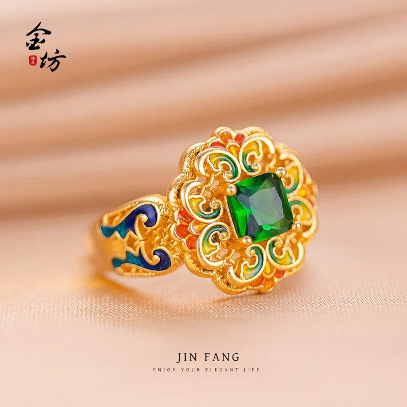 Gold shop 24K real gold spring garden ring AU999 pure gold inlaid with enamel