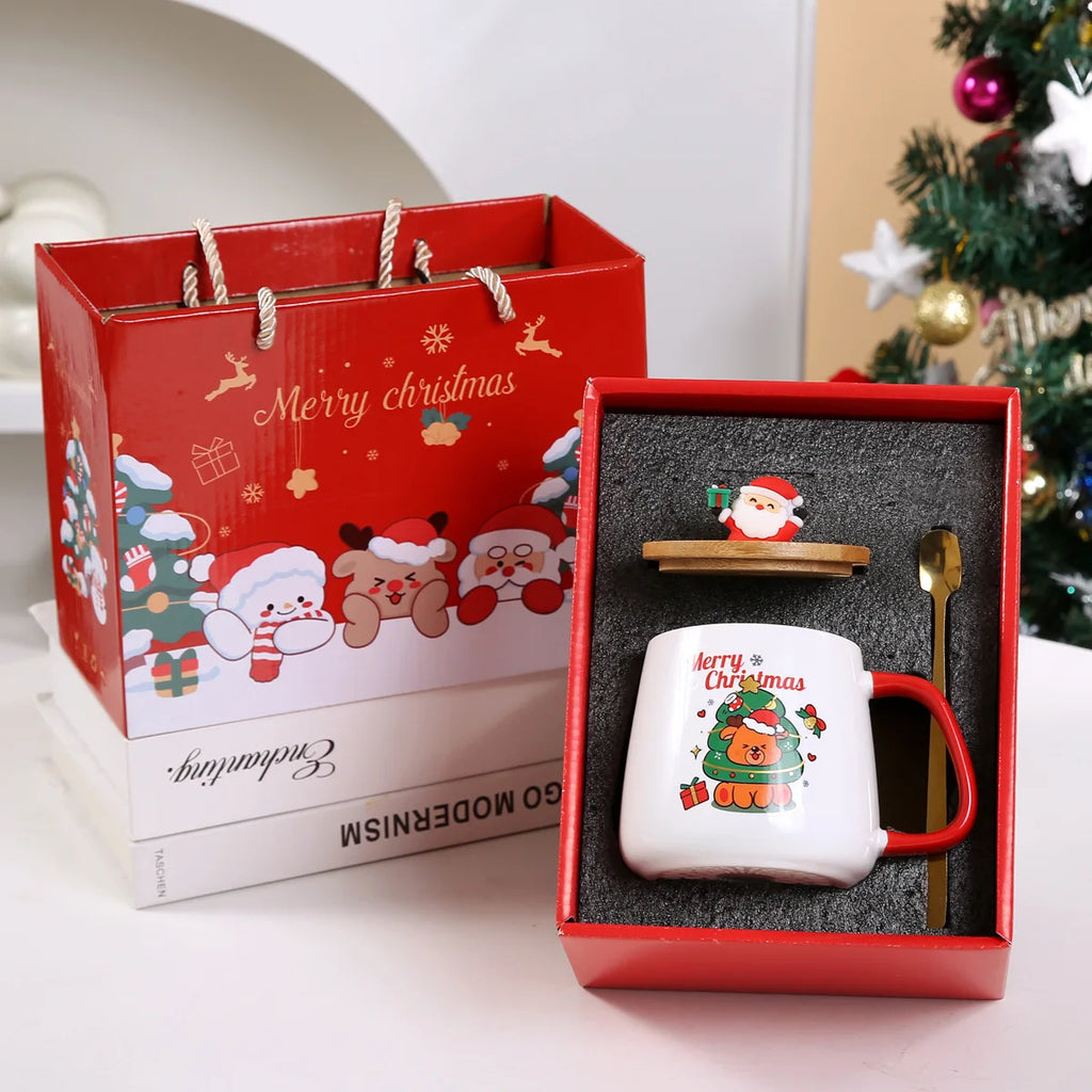 55℃ Merry Christmas Kit Wooden Lid Santa Claus Pattern Ceramic Mug
