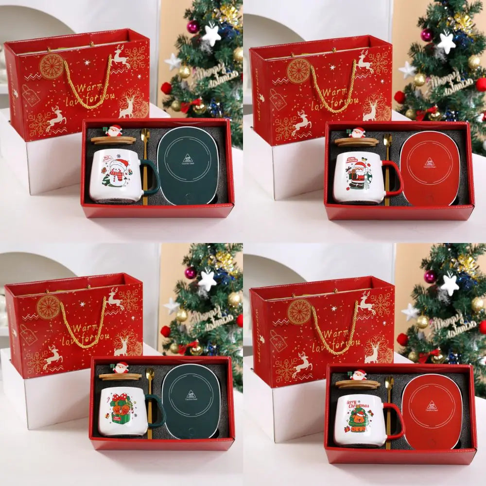 55℃ Merry Christmas Kit Wooden Lid Santa Claus Pattern Ceramic Mug