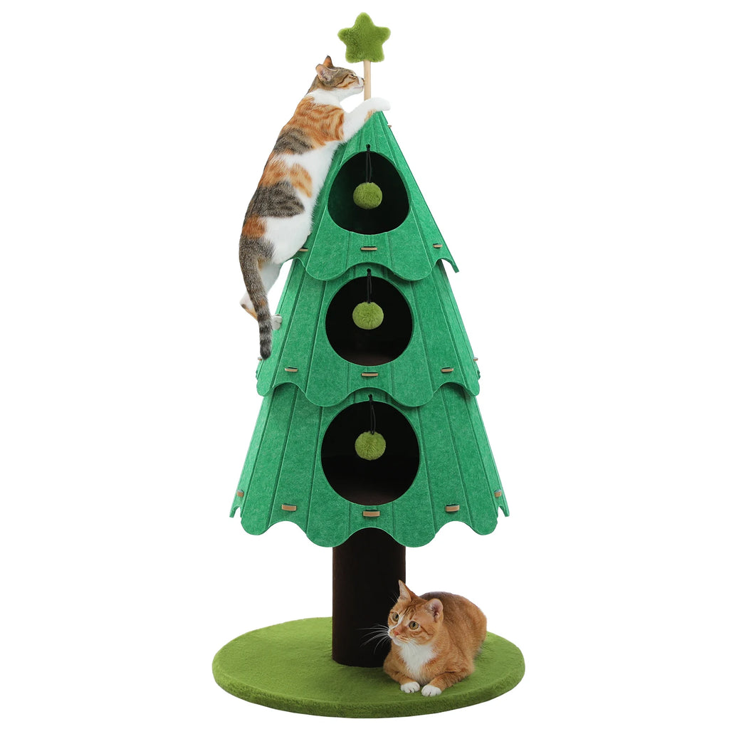 Christmas-themed cat tree with festive elements, including holiday felt stickers.