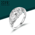 Hand Carved Floral Wide Ring, 925 Sterling Silver with Moissanite, Bohemian Style