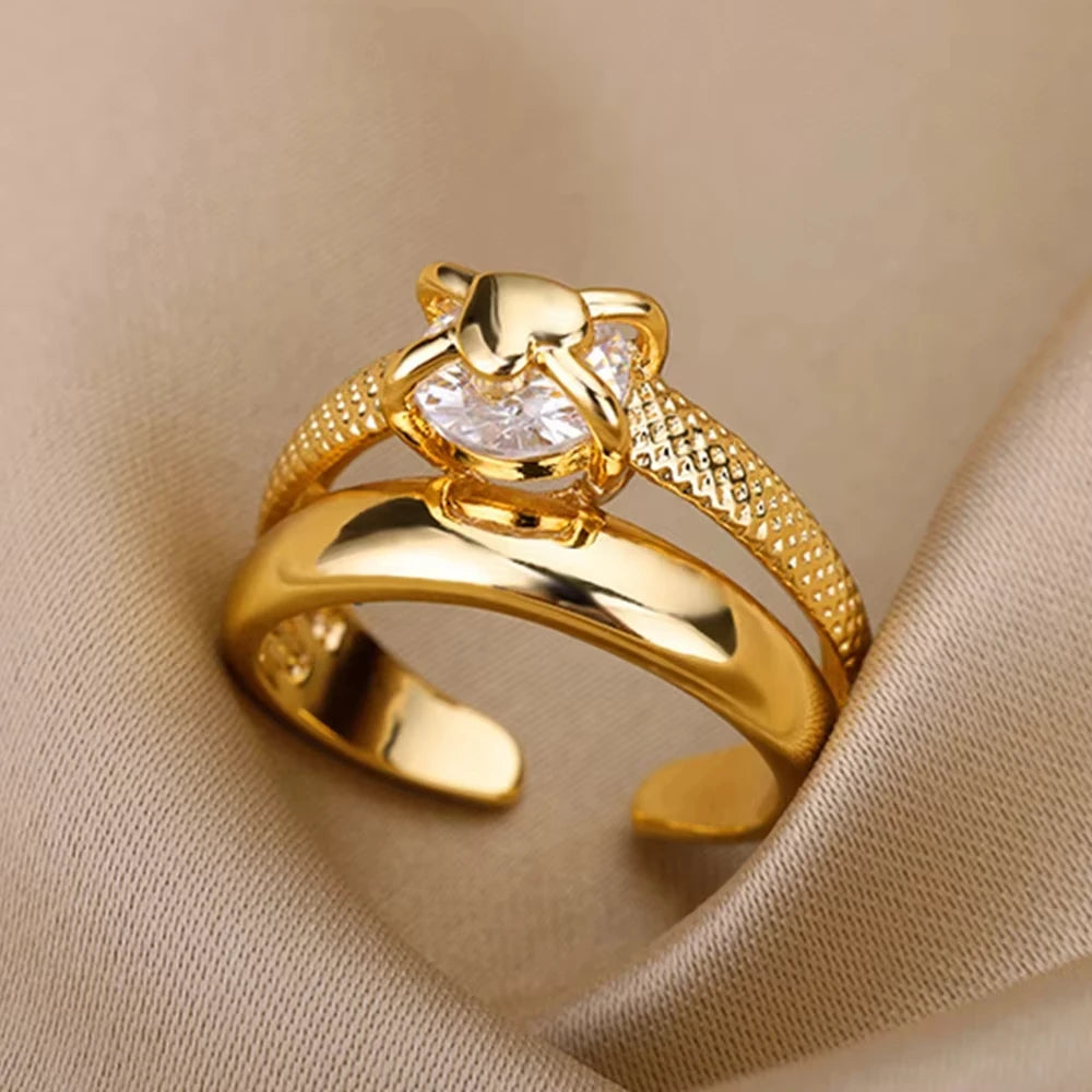 Gold Plated Stainless Steel Crystal Rings For Women