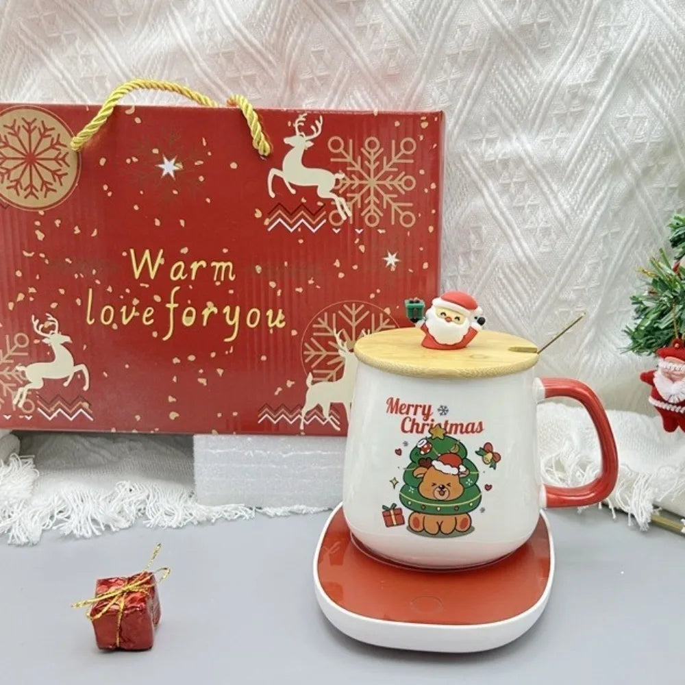 55℃ Merry Christmas Kit Wooden Lid Santa Claus Pattern Ceramic Mug