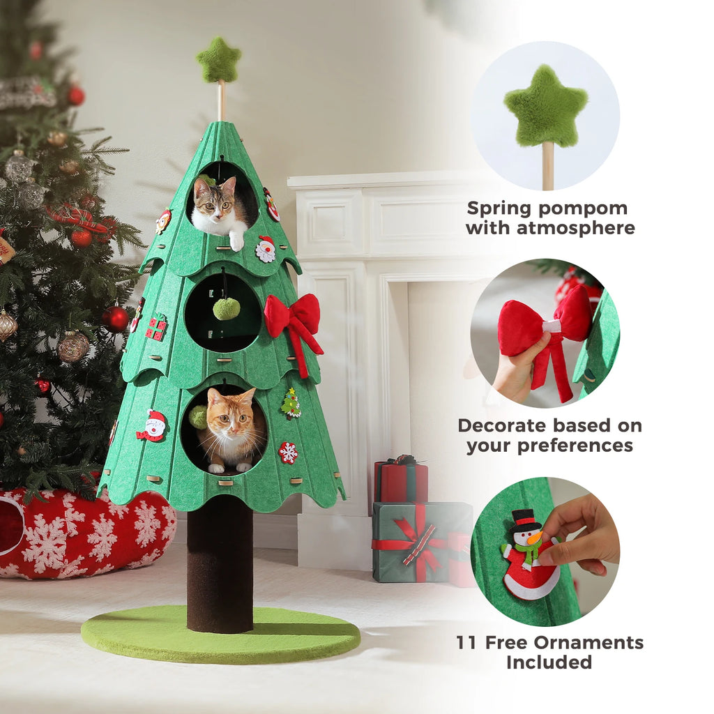 Christmas-themed cat tree with festive elements, including holiday felt stickers.