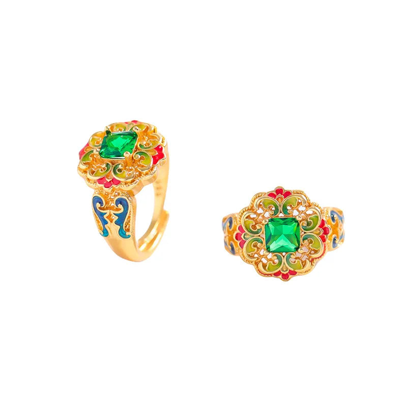 Gold shop 24K real gold spring garden ring AU999 pure gold inlaid with enamel