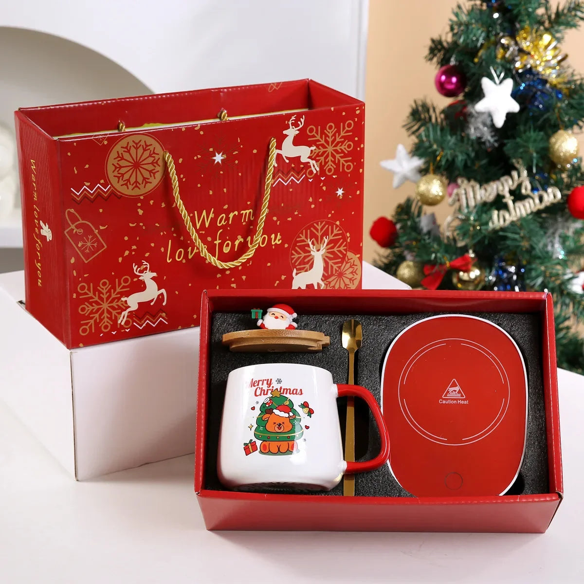 55℃ Merry Christmas Kit Wooden Lid Santa Claus Pattern Ceramic Mug