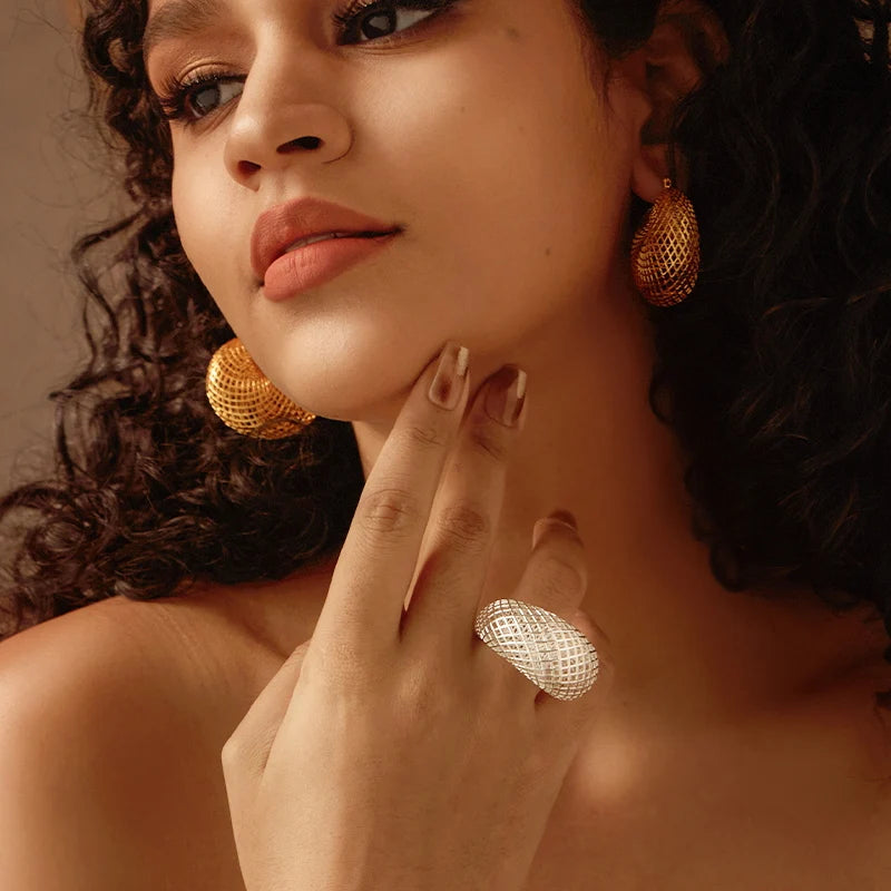 Hollow Out Big Nest Ring For Women 18k Gold Plated Brass Ring