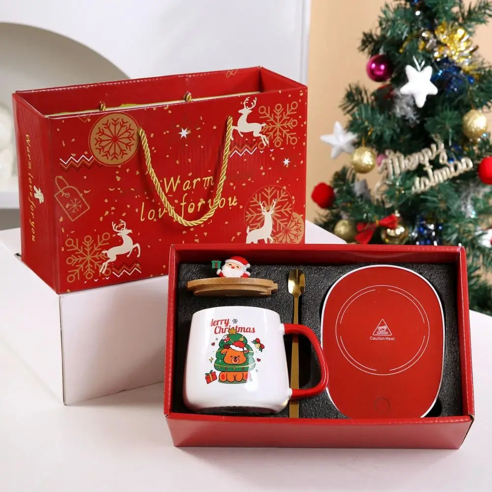 55℃ Merry Christmas Kit Wooden Lid Santa Claus Pattern Ceramic Mug