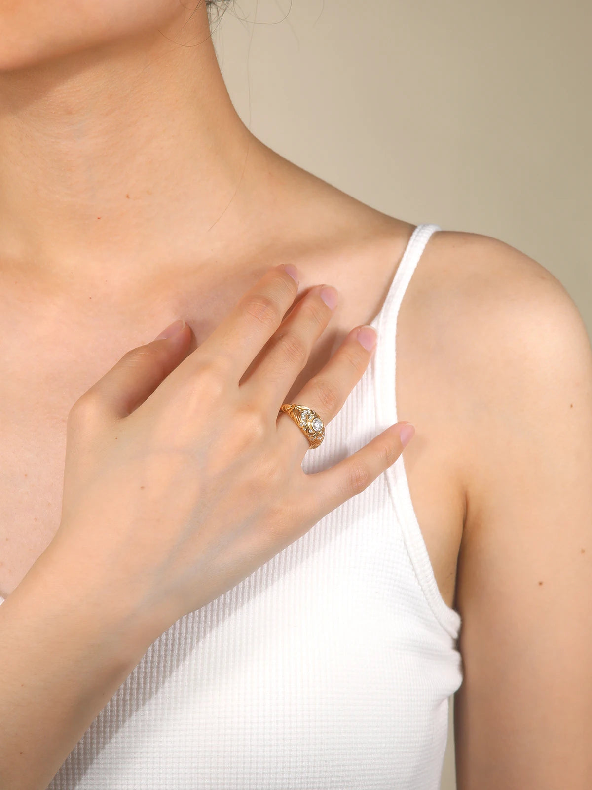 Hand Carved Floral Wide Ring, 925 Sterling Silver with Moissanite, Bohemian Style