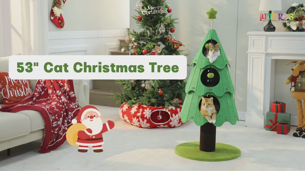 Christmas-themed cat tree with festive elements, including holiday felt stickers.