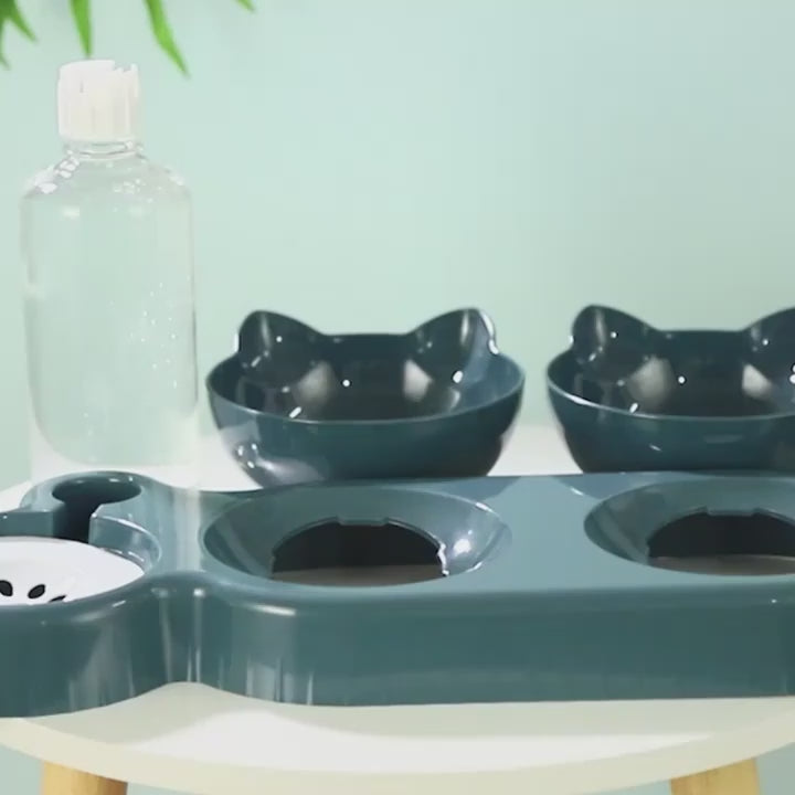 Pet Bowls 3 In 1 Cat Ear Design Tilted Cat Water And Food Bowl Set